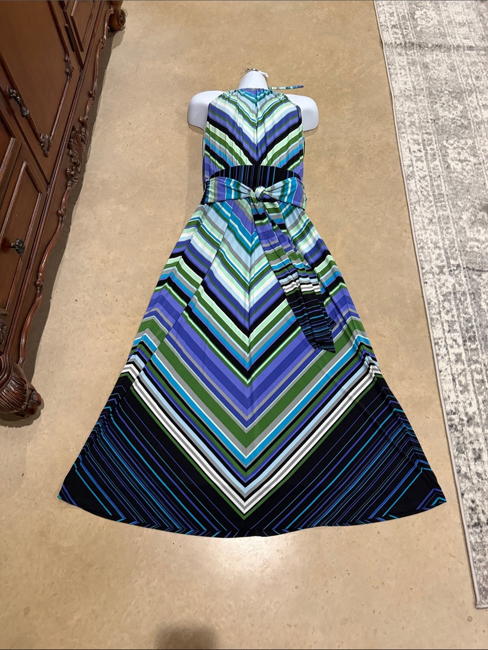 London Times Chevron Halter Maxi Dress in Blue, Green & Black